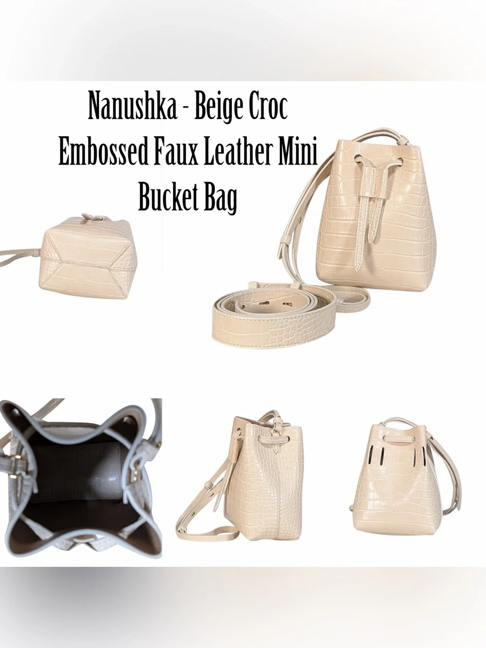 Nanushka - Beige Croc Embossed Faux Leather Mini Bucket Bag